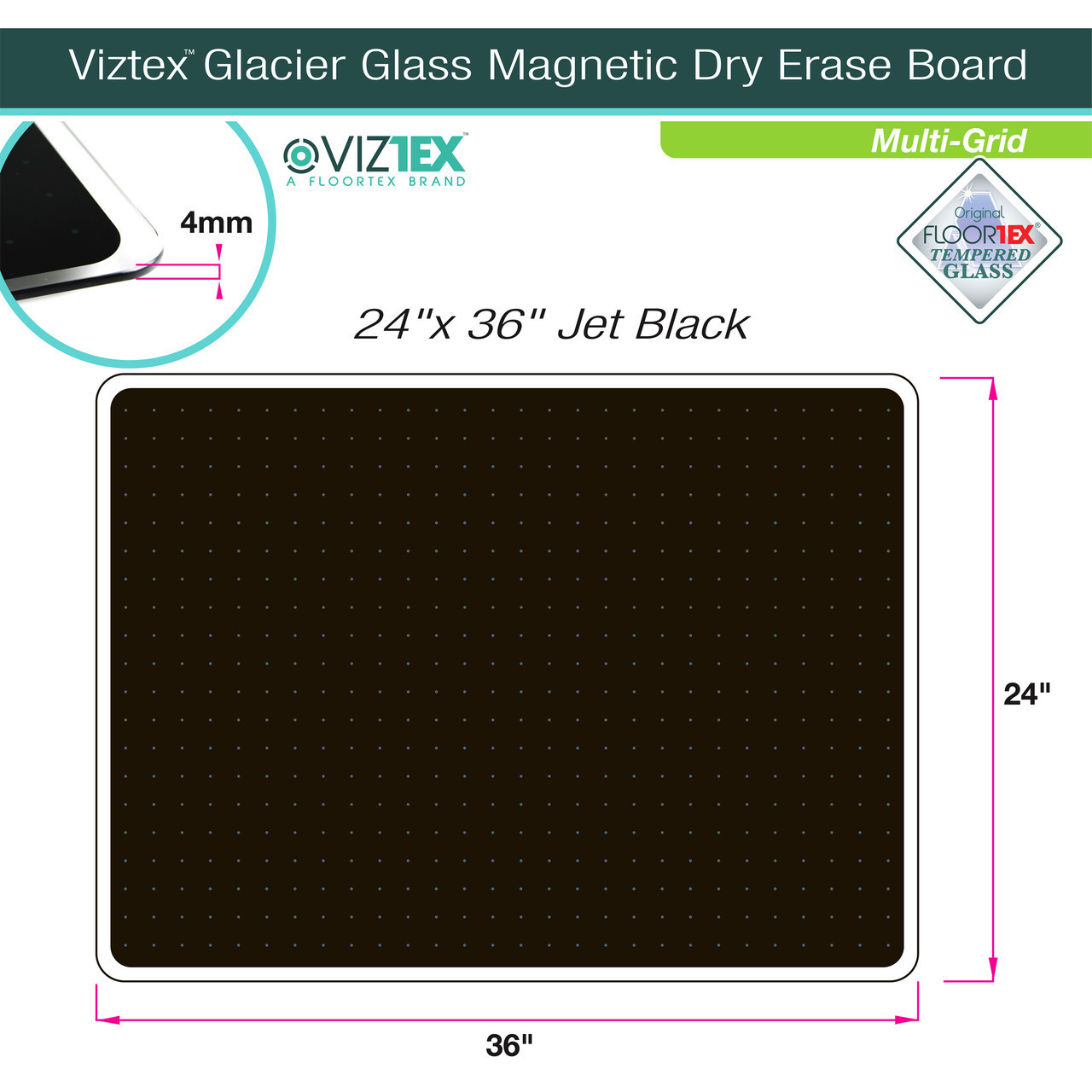 Viztex Glacier Magnetic Glass Dry Erase Multi-Purpose Grid, Black